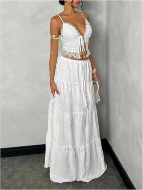 Women's 2 Piece Outfit Lace Trim Tie Front Camisole Top Tiered Maxi Skirts Set